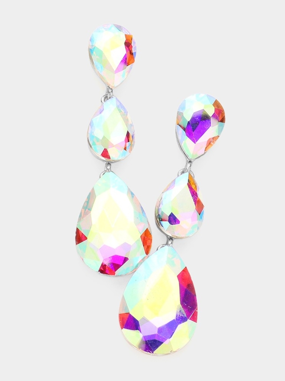 Silver Abalone Dangle Crystal Earrings 2.75 Inch Triple Tear Drop Jewelry